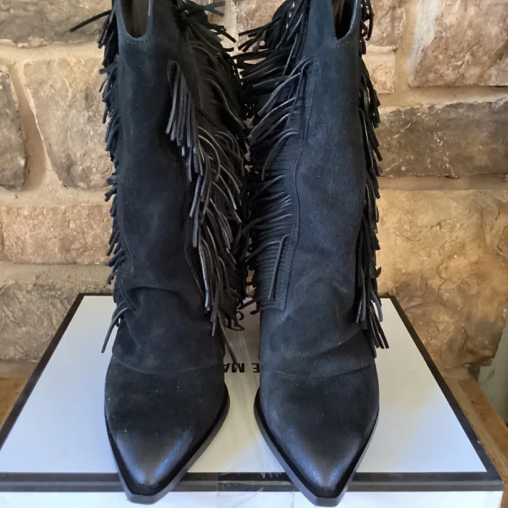 Steve Madden Landmark Boots Women 10 Black Suede Fringe Italy NIB Western - Picture 8 of 8